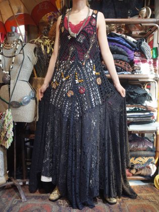 古着 通販　Embroidery Low Gauge Knit × Lace Long Dress