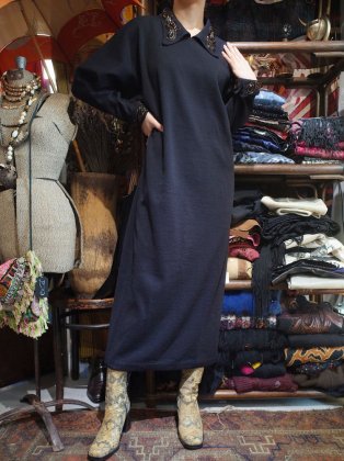 古着 通販　Bijou Embroidery Black Knit Dress