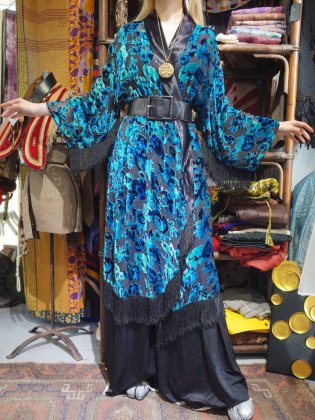  ΡVelvet  Sheer Blue Flower Fringe Gown