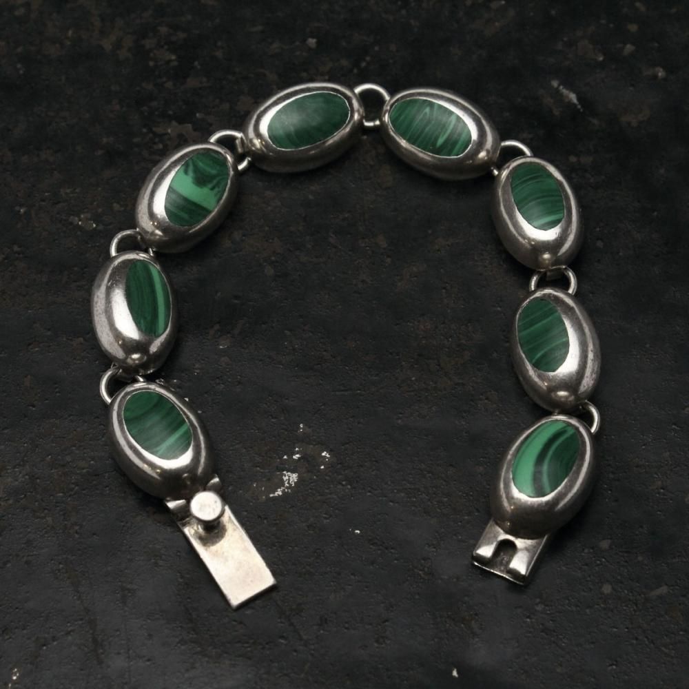 ヴィンテージ タスコ ストーン シルバー チェーン ブレスレット【MEXICO TAXCO SILVER & Malachite】Oval Heavy  Design