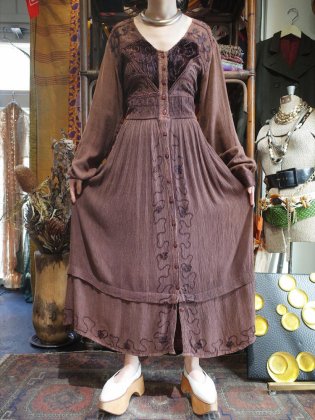 古着 通販　Embroidery Chocolate Brown Rayon Dress