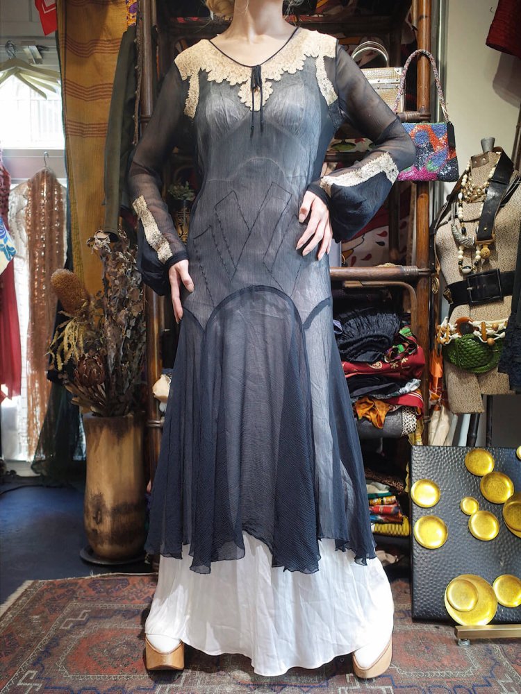 c.1920s Antique Lace & Silk Sheer Dress