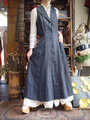 古着 通販　Black Linen Beautiful Silhouette Dress / Long Vest