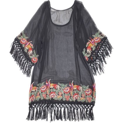  ΡFringe & Flower Embroidery Sheer Tops