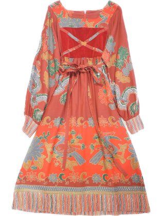 古着 通販　c.1970s “Oriental Dragon & Bird” Square Neck Dress