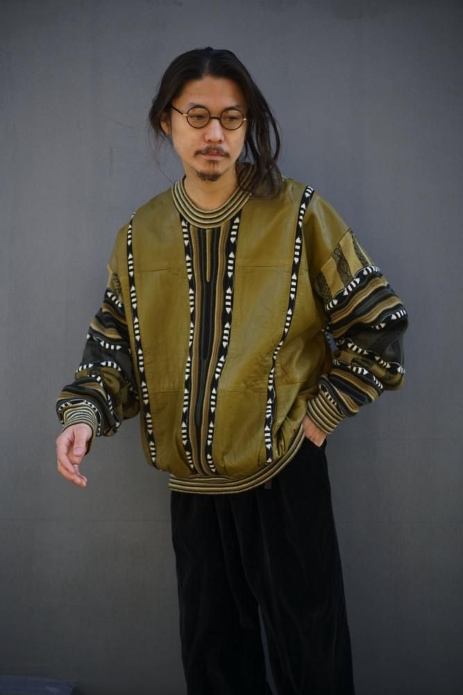 SAXONY】ヴィンテージ レザー&ニット プルオーバーニット