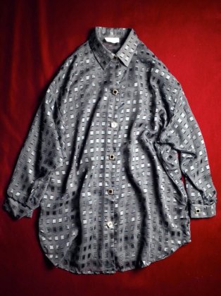  ΡBlack Sheer Square Pattern & Square Buttons Big Silhouette Shirt