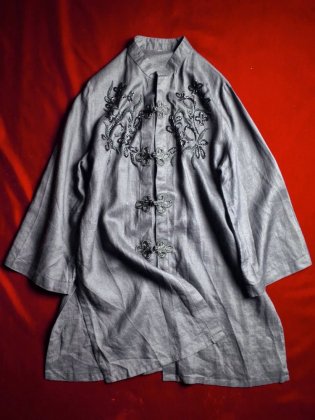  ΡBlack Linen Bijou Embroidery & China Buttons Shirt / Gown