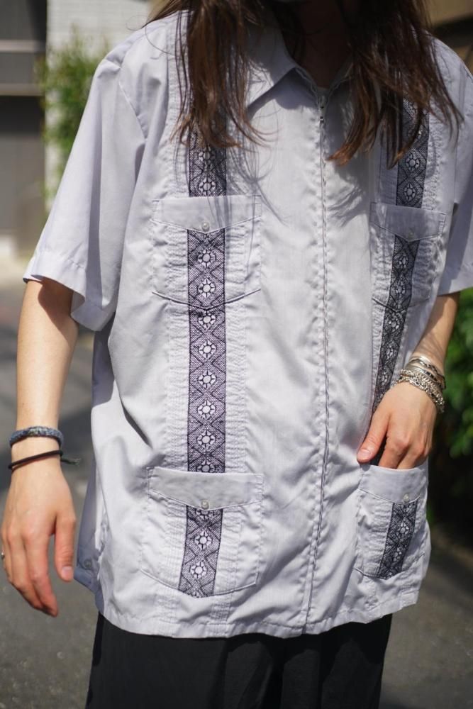 80s GUAYABERA フルジップ キューバシャツ グレー XL US Customized 80's-90's Old Over Dyed S/S Guayabera Shirt