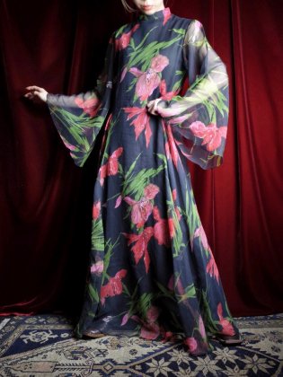  Ρc.1970s Sheer Angel Sleeve Flower Dress