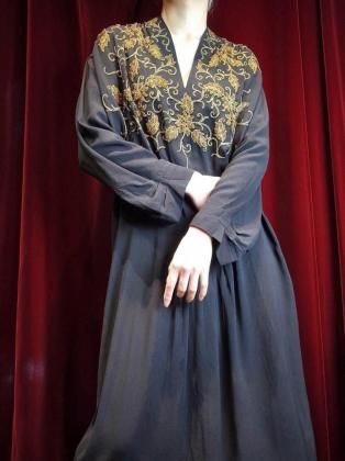 Ρc.1950s Bijou Embroidery Black Dress