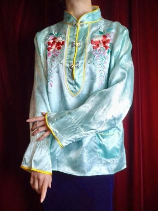  Ρc.1950s Embroidery Aqua Blue Pullover China Shirt