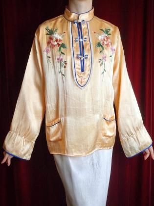  Ρc.1950s Embroidery Orange Beige China Pullover Shirt
