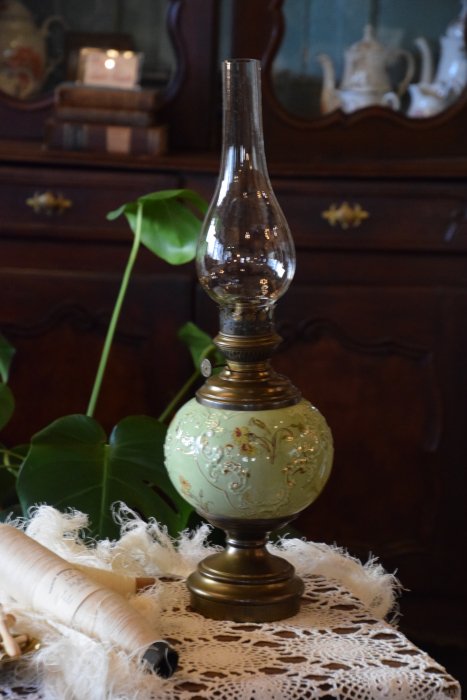 スタンド型 花柄グリーン陶器のオイルランプ(送料込み) - Antiques Jete　アンティークス ジュテ