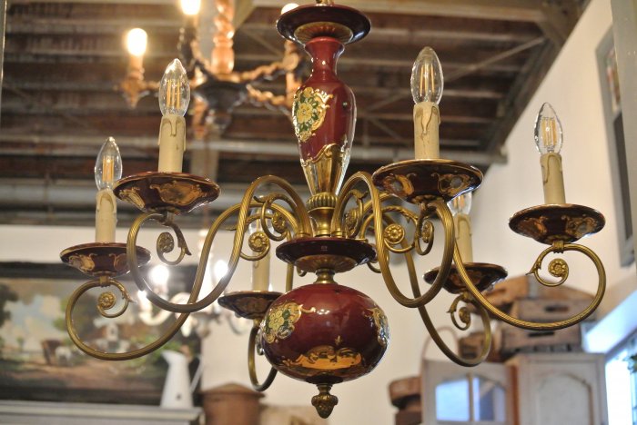 真鍮とワインレッドカラー陶器のシャンデリア6灯(送料込み) - Antiques