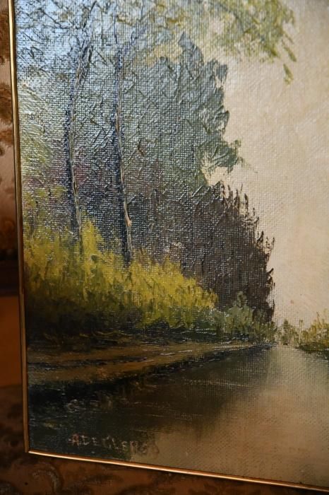 肉筆　油彩画 風景画 ヨーロッパ 絵画　アンティーク　インテリア　美術品　ア-ト 絵画 油彩肉筆画 『末川と木曾御岳 羽沢清水』アンティーク