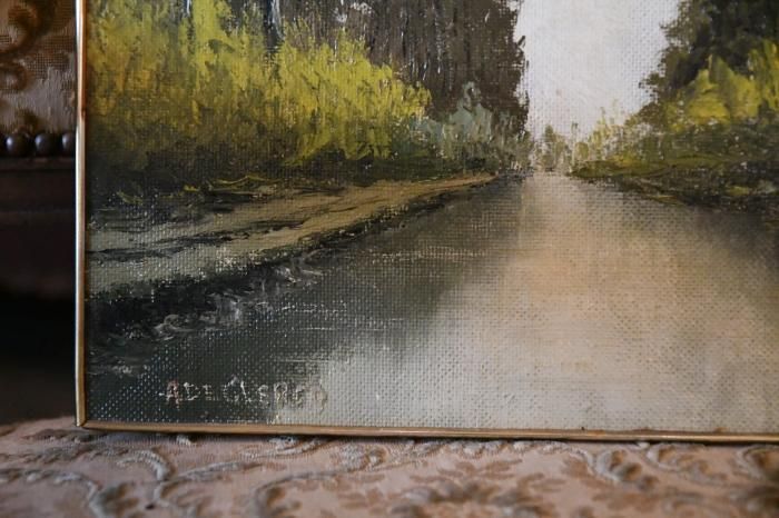 オイルペインティング 川縁の絵画 アート 油絵 風景画(送料込み