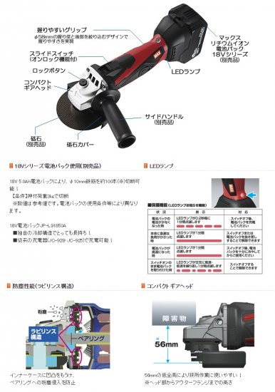 MAX 100mm-18V充電式ディスクグラインダ PJ-DG101 本体のみ 安心の