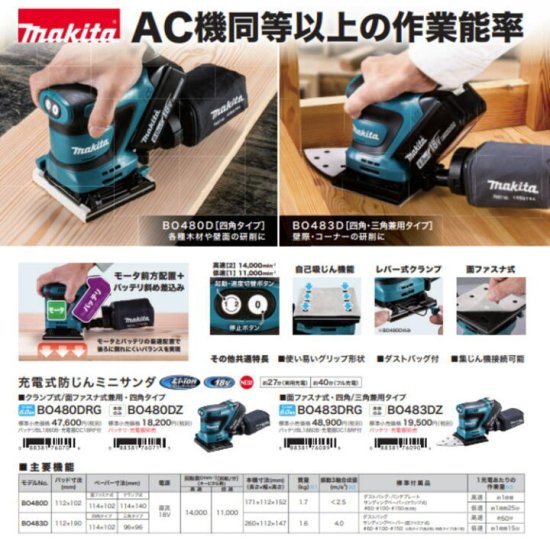 マキタ 18V(6.0Ah)充電式防じんミニサンダ BO480DRG 安心のメーカー正規販売店『プロツールショップとぎや』