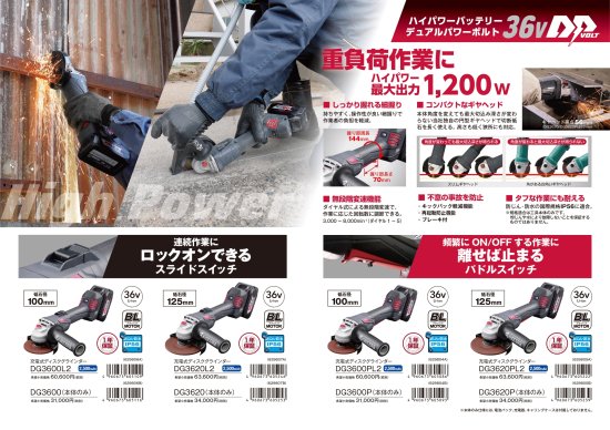 京セラ 100mm 36V充電式ディスクグラインダー DG3600L2 本体のみ