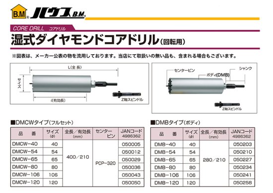 ハウスBM 湿式ダイヤモンドコアドリル(回転用) DMCW-54(フルセット)　安心のメーカー正規販売店『プロツールショップとぎや』