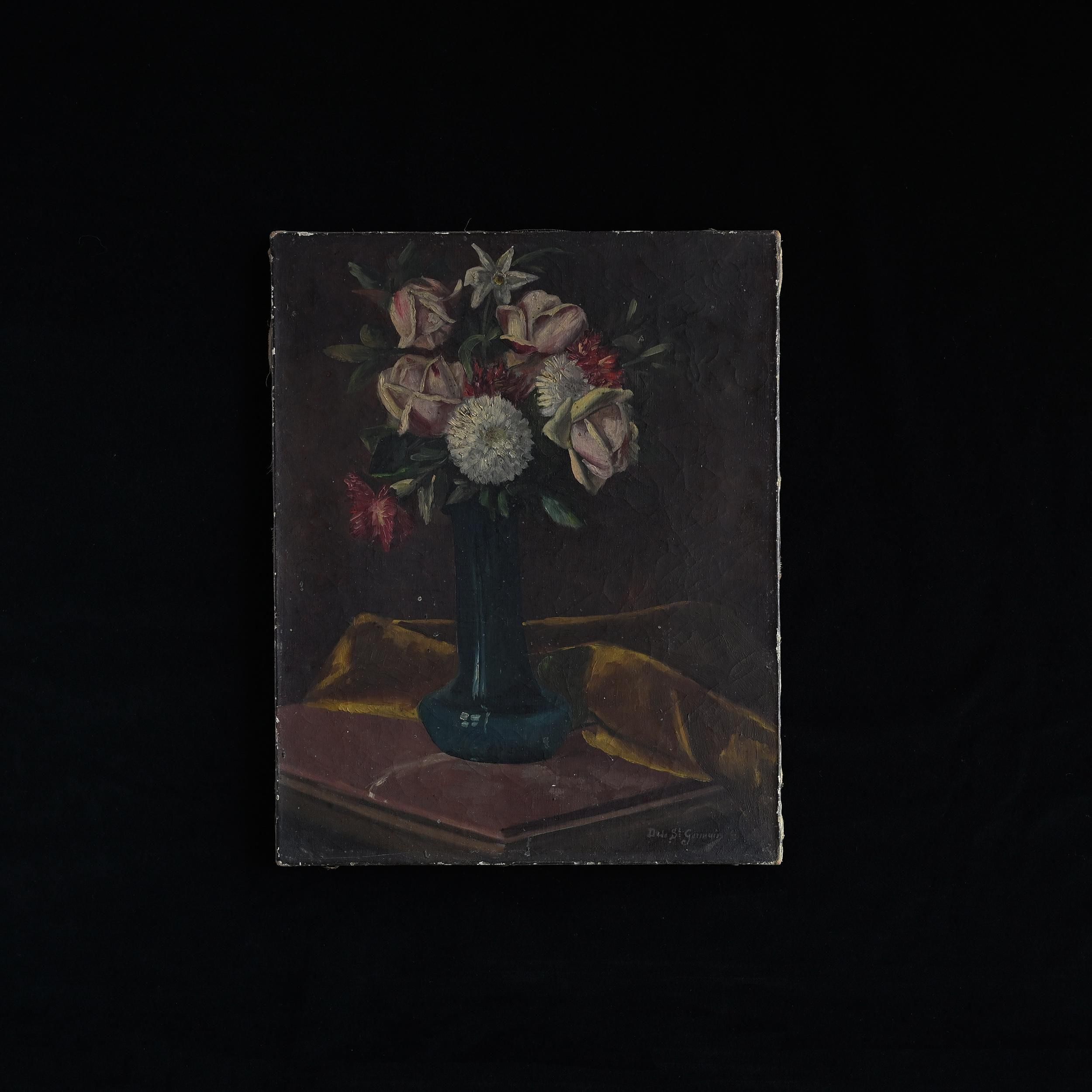 フランス　アンティーク　手描き　絵画　静物画 風合いある色彩豊かな花の油絵