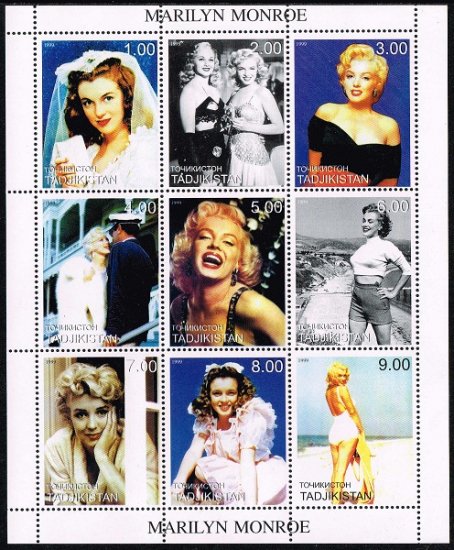 マリリン・モンローの切手 タジキスタン1999年9種連刷シート 