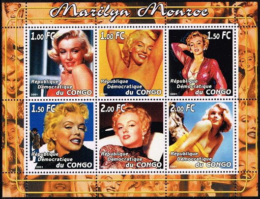 マリリン・モンローの切手 コンゴ民主2001年6種連刷シート　ハリウッド、女優 - 切手の通信販売/スタンプロード