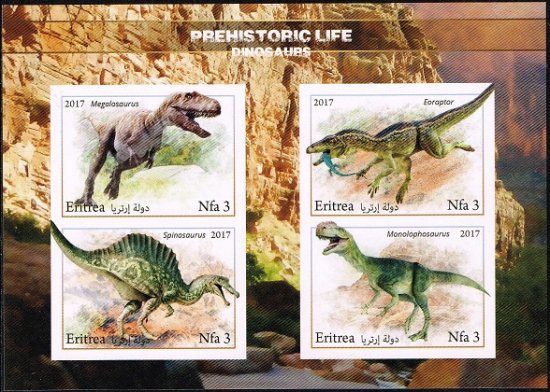 【恐竜・古生物の切手】エリトリア2017年4種連刷シート(3)　メガロサウルスなど - 切手の通信販売/スタンプロード