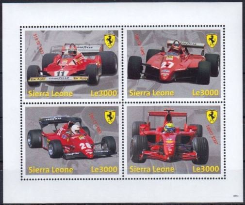 フェラーリのF1マシンの切手 シエラレオネ2009年4種連刷シート　ライコネン・マッサ・ビルヌーブ・自動車 - 切手の通信販売/スタンプロード