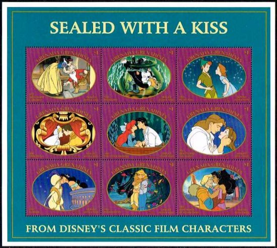 ディズニー映画のキスシーンの切手 グレナダG1997年9種連刷シート 