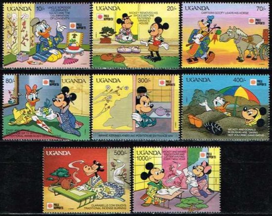 ディズニー「ミッキーの日本文化紹介」の切手 ウガンダ1991年8種完 