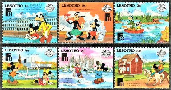 ディズニー切手ミニセット(6) ミッキーのフィンランド旅行6種（レソト） - 切手の通信販売/スタンプロード