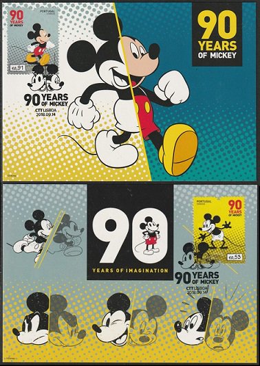 ミッキーマウス誕生90年の切手 ポルトガル2018年マキシマムカード2種完　ディズニー - 切手の通信販売/スタンプロード