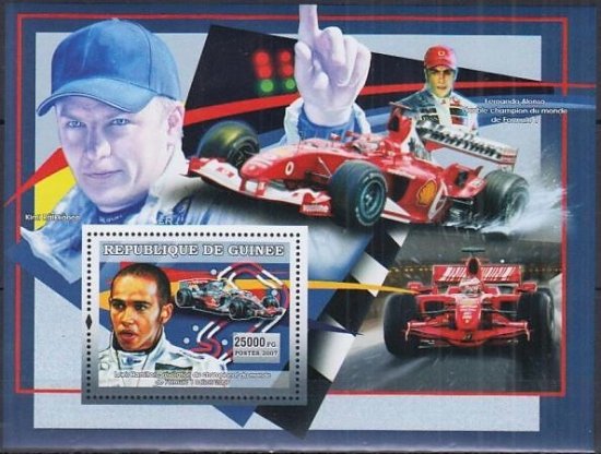 F1の切手 ギニア2007年小型シート　ハミルトン・ライコネン・アロンソ・自動車・フェラーリ - 切手の通信販売/スタンプロード
