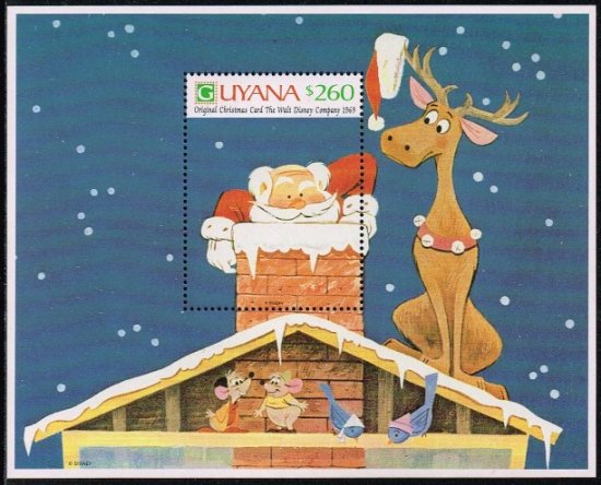 ディズニーのクリスマスカードの切手 ガイアナ1991年小型シート(2)　サンタとトナカイ - 切手の通信販売/スタンプロード