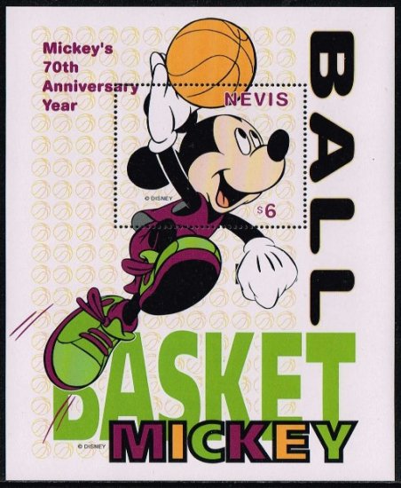 ミッキーマウス誕生70年の切手 ネビス1998年小型シート バスケットボール ディズニー 切手の通信販売 スタンプロード