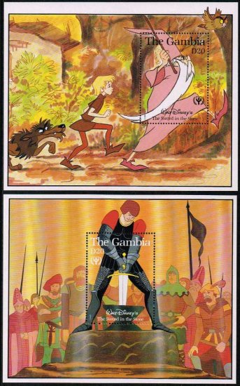 ディズニー映画「王様の剣」の切手 ガンビア1991年国際識字年小型 