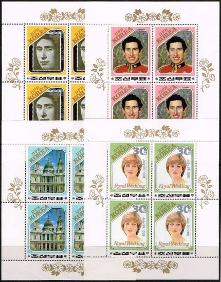フルシート】北朝鮮が出したダイアナ切手/1981年成婚4種完（各4面 