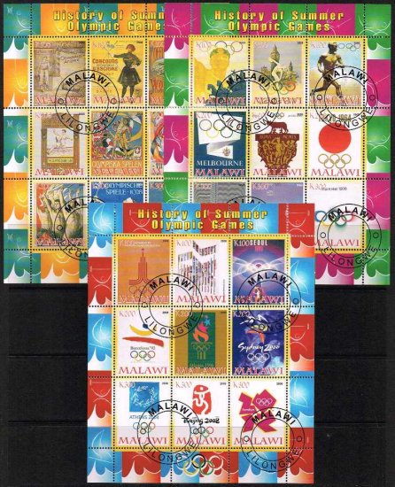 【使用済シートセット】オリンピックのポスターの切手 マラウイ2008年3シート　東京オリンピック・五輪 - 切手の通信販売/スタンプロード