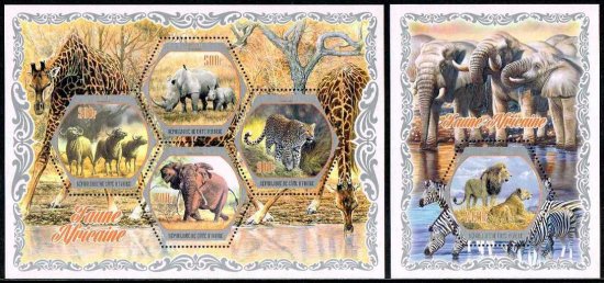 アフリカの動物の切手 コートジボワール18年2シートセット ライオン 象 変形切手 切手の通信販売 スタンプロード