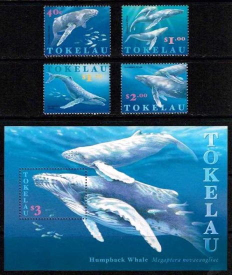 クジラの切手 トケラウ諸島1997年4種＆小型シート完 鯨 - 切手の通信 