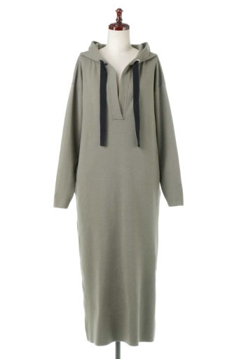 海外ファッションや大人カジュアルに最適なインポートセレクトアイテムのDeep V Neck Hooded Dress 深Ｖネック・フード付きニットワンピース