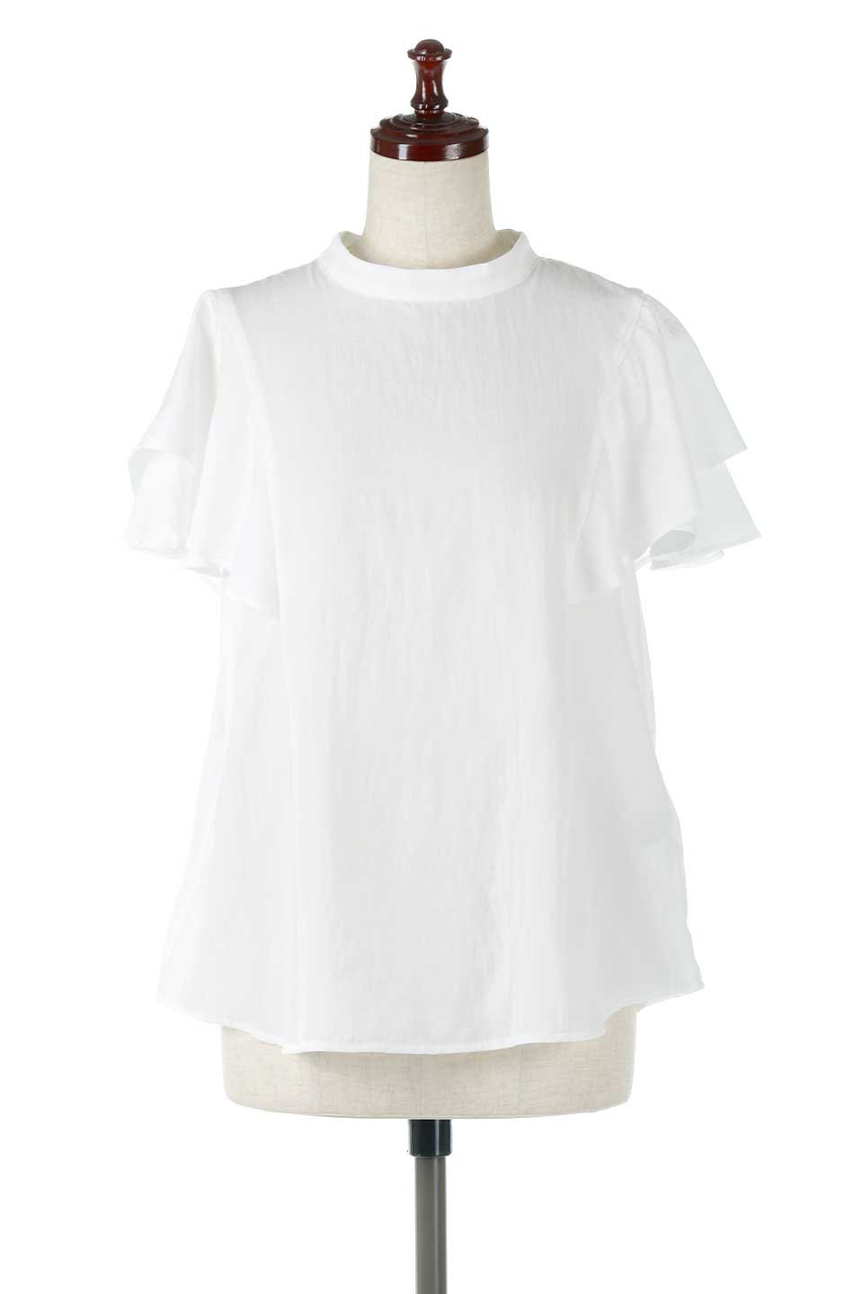 スタンドカラーとお袖のフリルが可愛い♡フリル襟シャツ♪白 インポート ブラウス